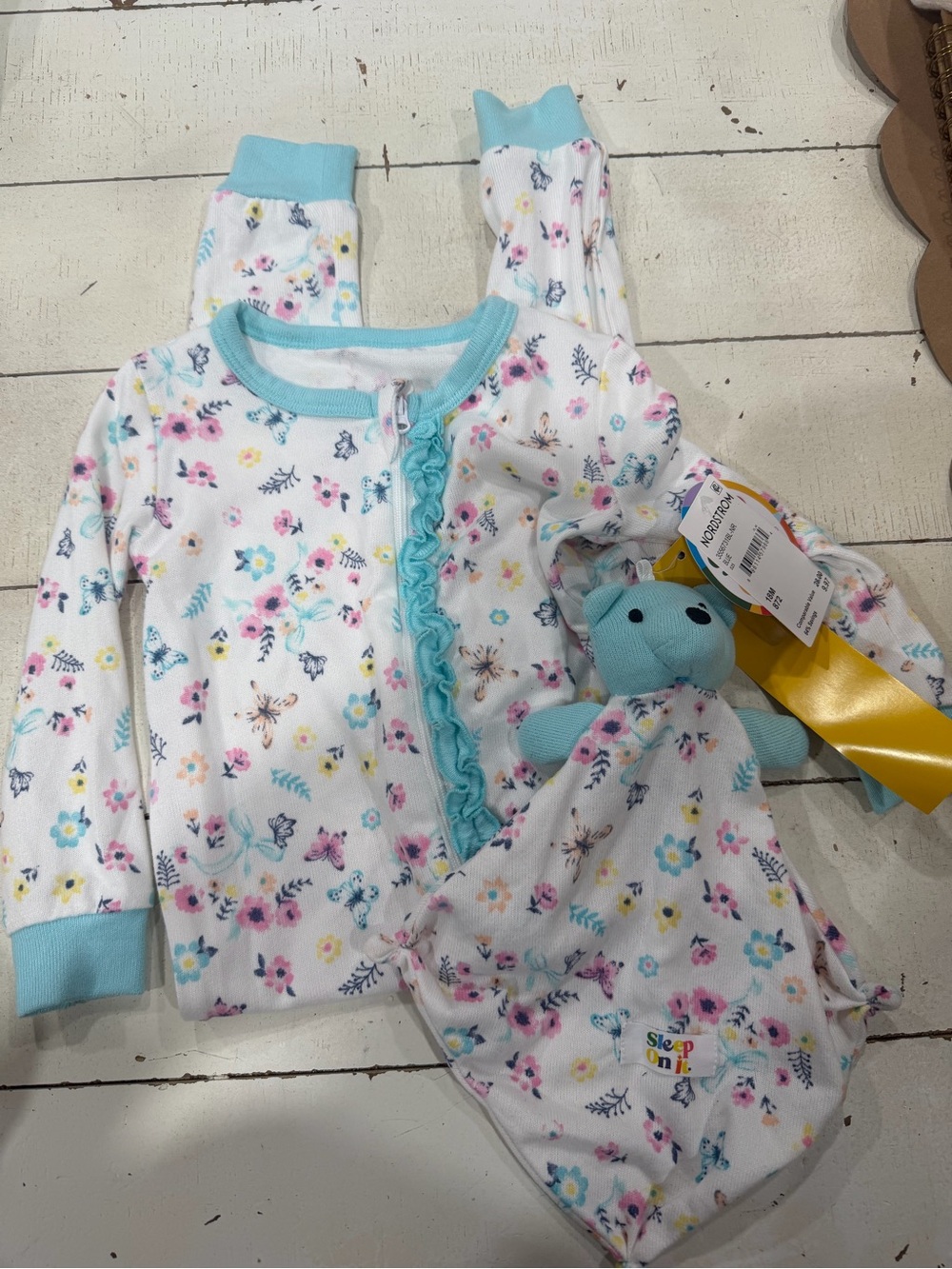 Nordstrom White Floral Kids Pajama Set with Light Blue Trim and Lovey